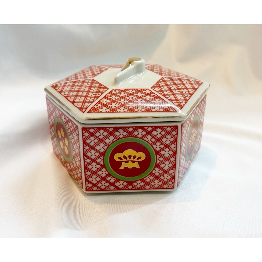 Vintage Japan Trinket Box With Lid White Red Gold & Green Hexagon Retro Design